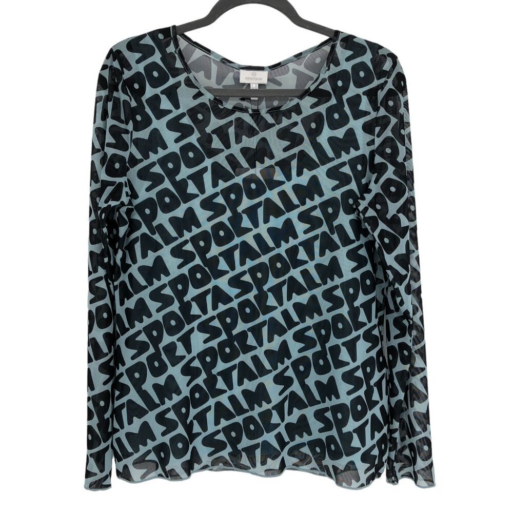NWT Sportalm Blue Black Mesh Repeating Logo Long  Sleeve Sheer top size 10
